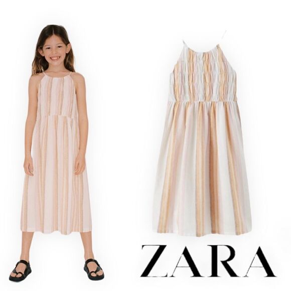 ZARA Kids | Ecru | STRIPED LINEN BLEND MIDI DRESS - Picture 1 of 6